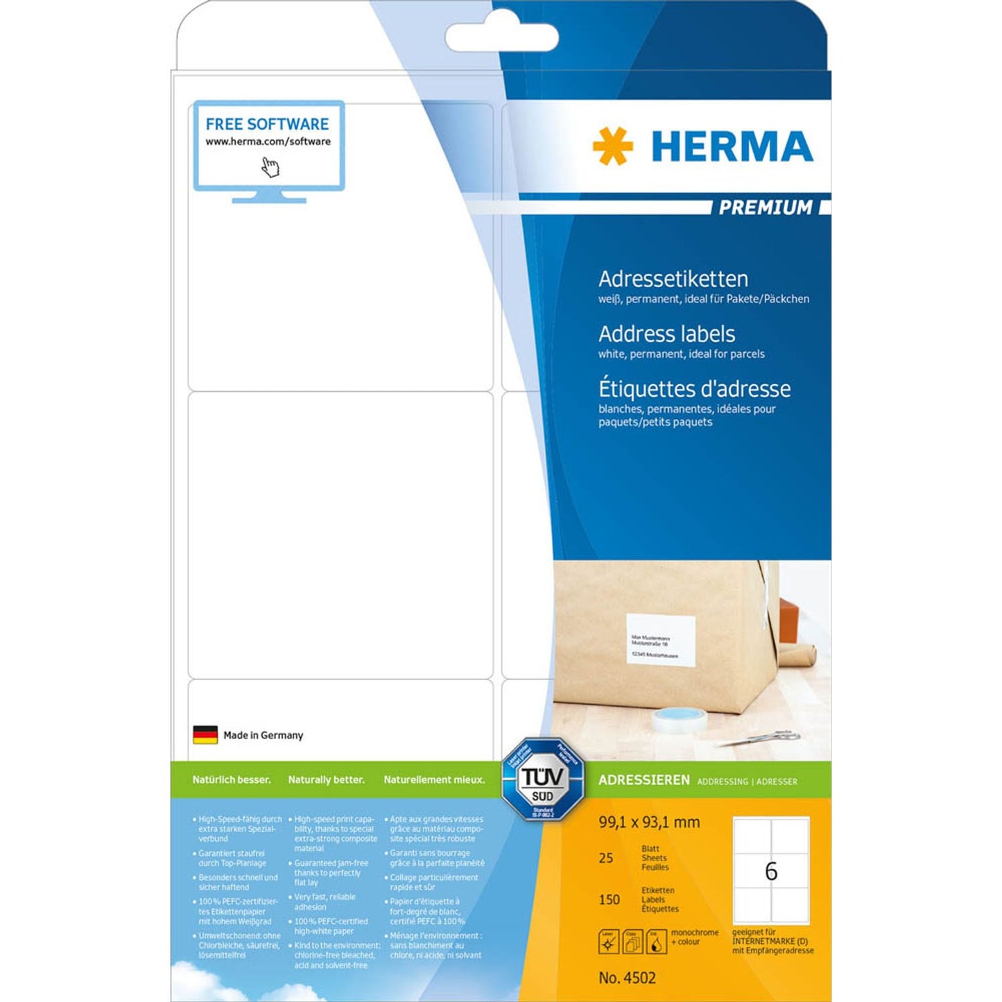 HERMA Adressetiketten weiß 99,1 x 93,1 mm | 4502 | 1 Pack = 25 Blatt