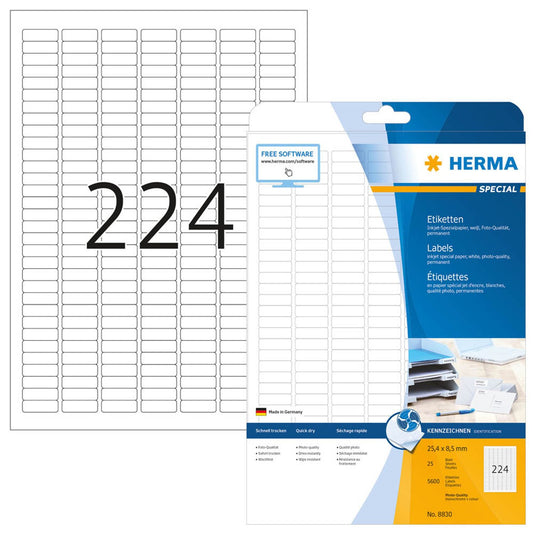 HERMA Etiketten weiß 25,4 x 8,5 mm | 8830 | 1 Pack = 25 Blatt