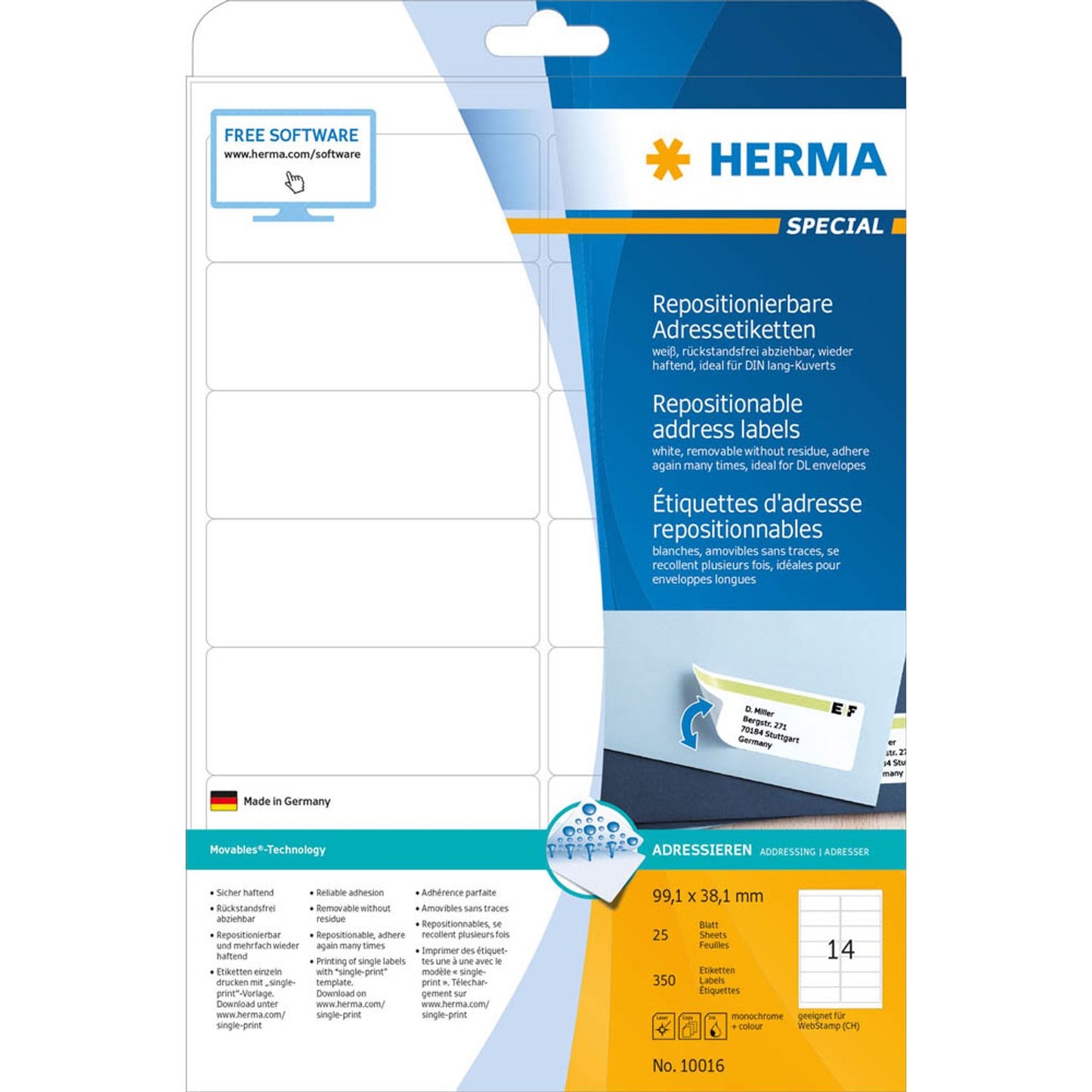 HERMA Adressetiketten weiß 99,1 x 38,1 mm | 10016 | 1 Pack = 25 Blatt