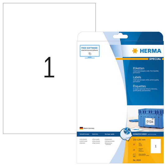 HERMA Etiketten weiß 210,0 x 297,0 mm | 4824 | 1 Pack = 25 Blatt