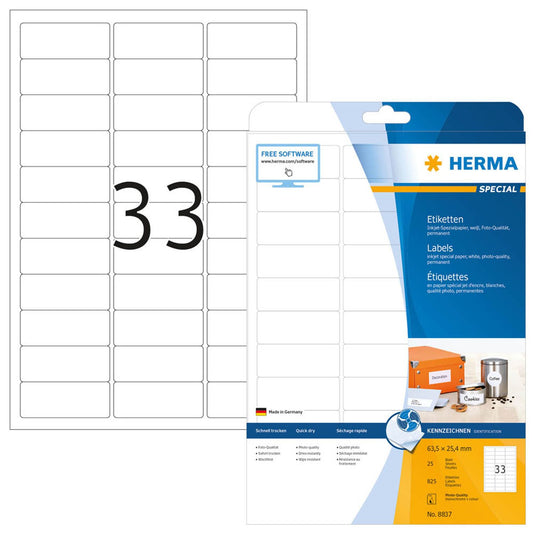 HERMA Etiketten weiß 63,5 x 25,4 mm | 8837 | 1 Pack = 25 Blatt