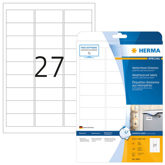 HERMA wetterfeste Folienetiketten weiß 63,5 x 29,6 mm | 4864 | 1 Pack = 10 Blatt