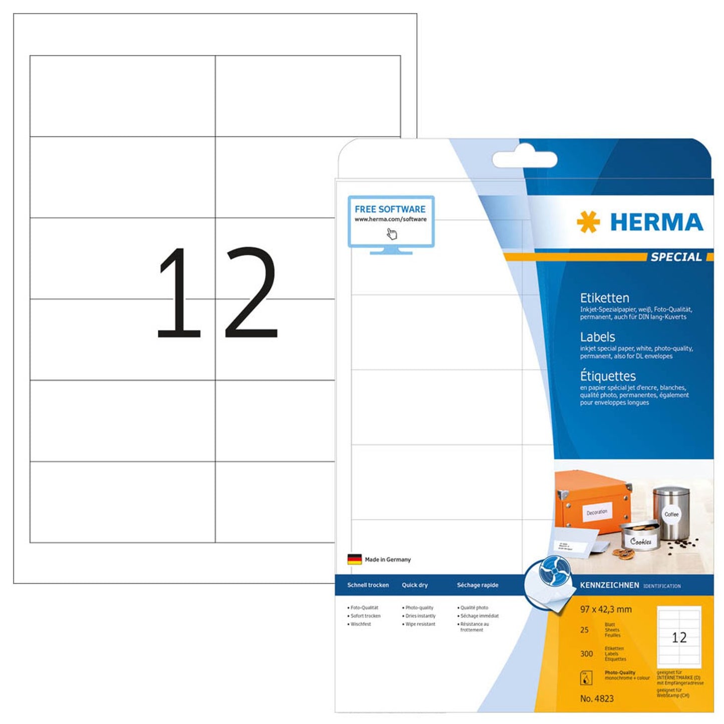 HERMA Etiketten weiß 97,0 x 42,3 mm | 4823 | 1 Pack = 25 Blatt