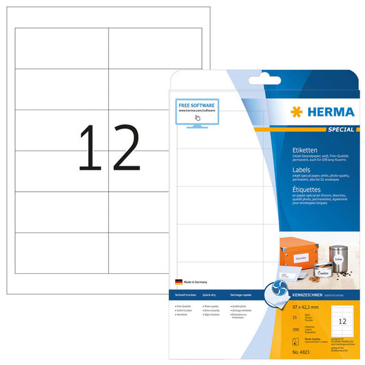 HERMA Etiketten weiß 97,0 x 42,3 mm | 4823 | 1 Pack = 25 Blatt