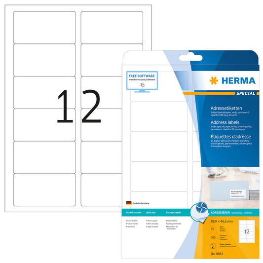 HERMA Adressetiketten weiß 88,9 x 46,6 mm | 8842 | 1 Pack = 25 Blatt