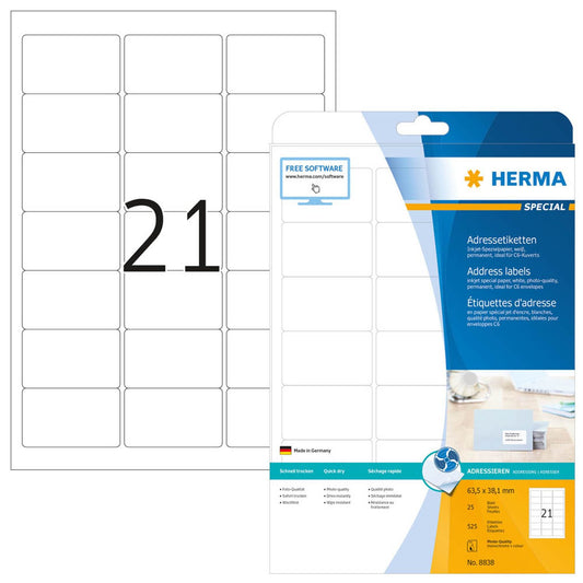 HERMA Adressetiketten weiß 63,5 x 38,1 mm | 8838 | 1 Pack = 25 Blatt