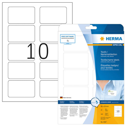 HERMA Namensetiketten weiß 80,0 x 50,0 mm | 4587 | 1 Pack = 10 Blatt