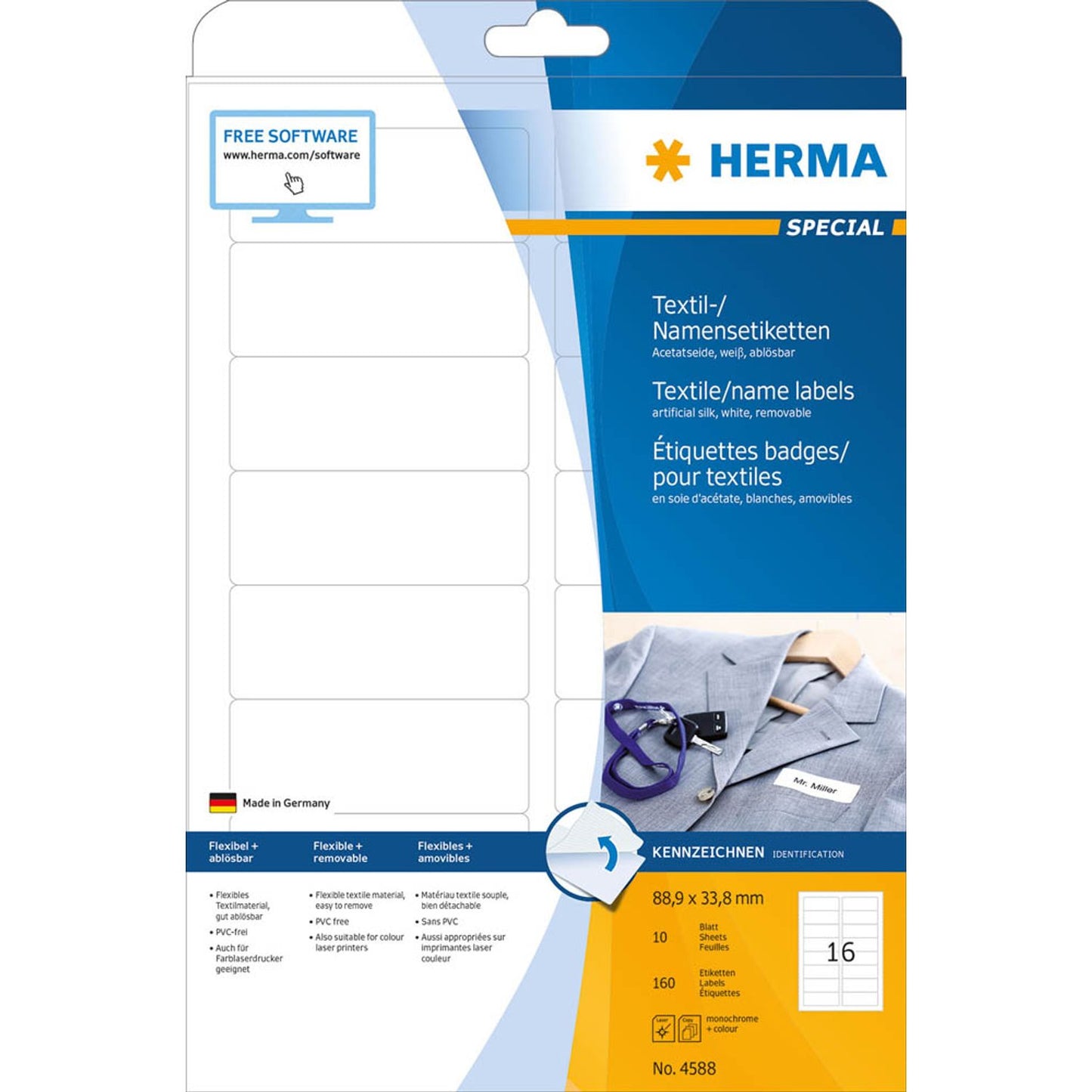 HERMA Namensetiketten weiß 88,9 x 33,8 mm | 4588 | 1 Pack = 10 Blatt