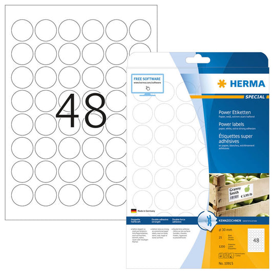 HERMA Power-Etiketten weiß 30,0 x 30,0 mm | 10915 | 1 Pack = 25 Blatt
