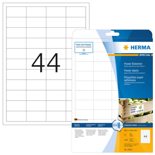 HERMA Power-Etiketten weiß 48,3 x 25,4 mm | 10914 | 1 Pack = 25 Blatt