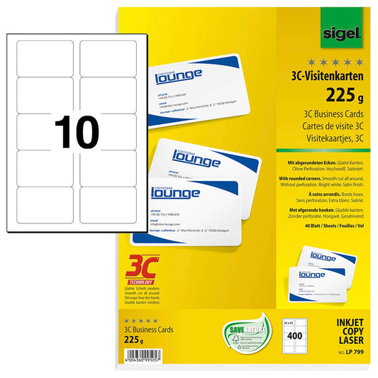 SIGEL Visitenkarten satiniert weiß 225 g/qm | LP799 | 1 Pack = 400 St.