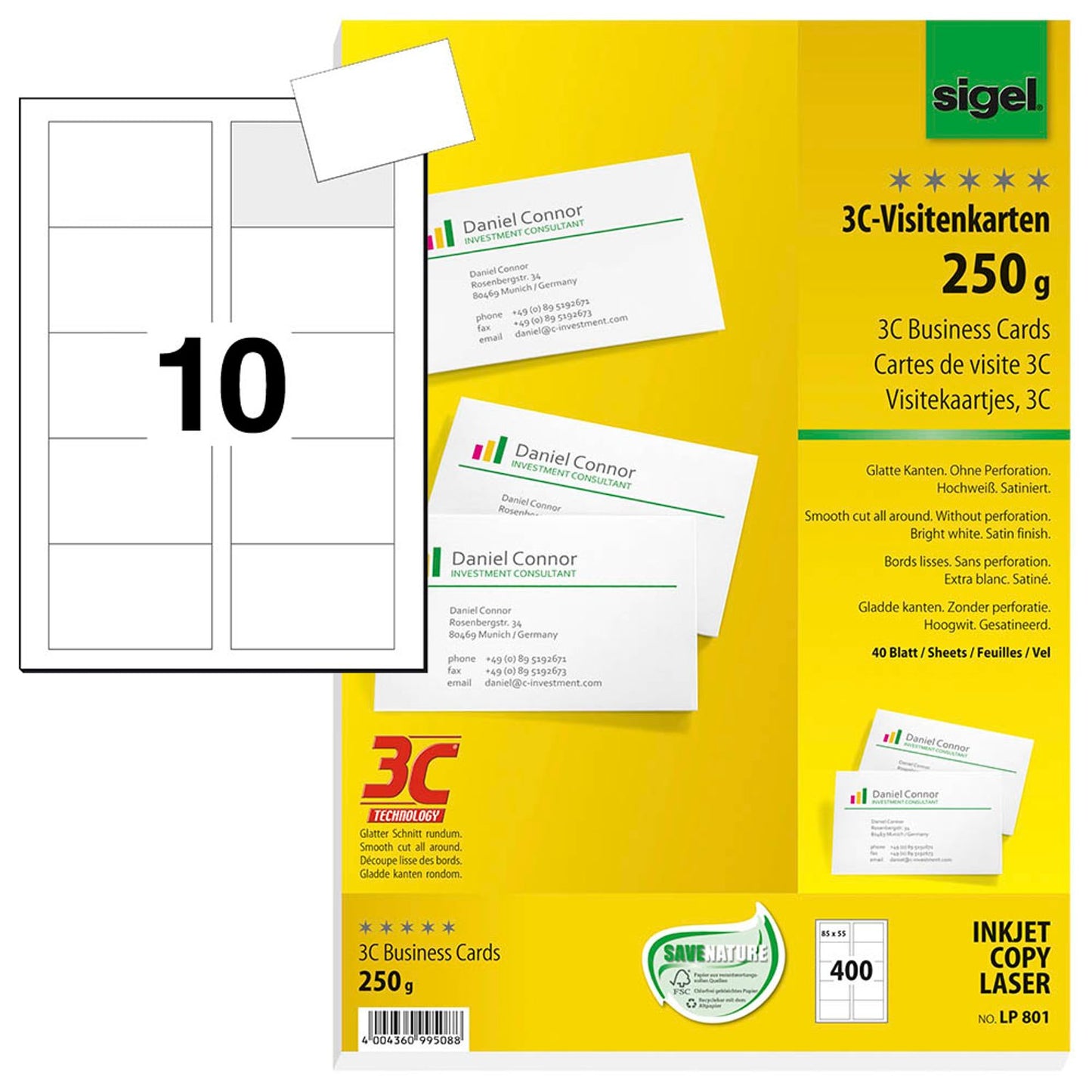 SIGEL Visitenkarten satiniert weiß 250 g/qm | LP801 | 1 Pack = 400 St.