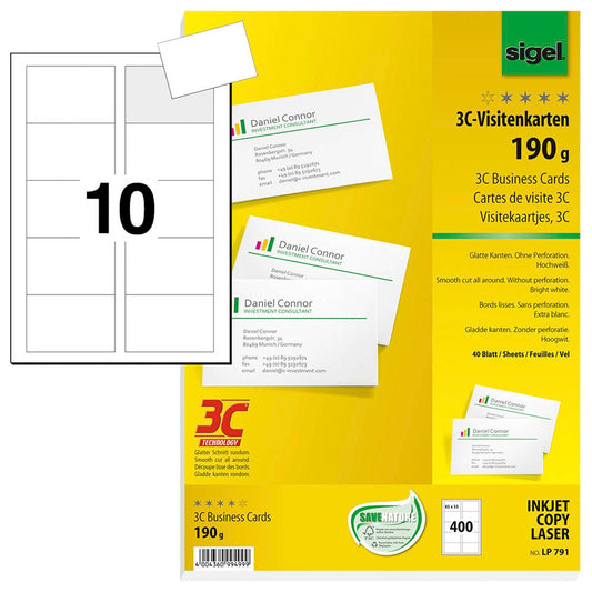 SIGEL Visitenkarten matt weiß 190 g/qm | LP791 | 1 Pack = 400 St.