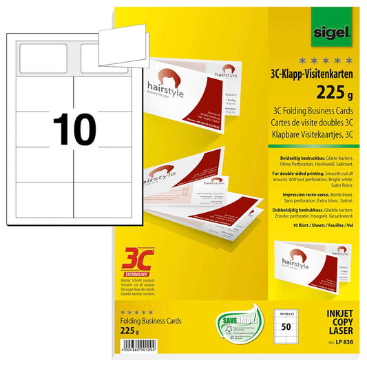 SIGEL Visitenkarten satiniert weiß 225 g/qm | LP838 | 1 Pack = 50 St.