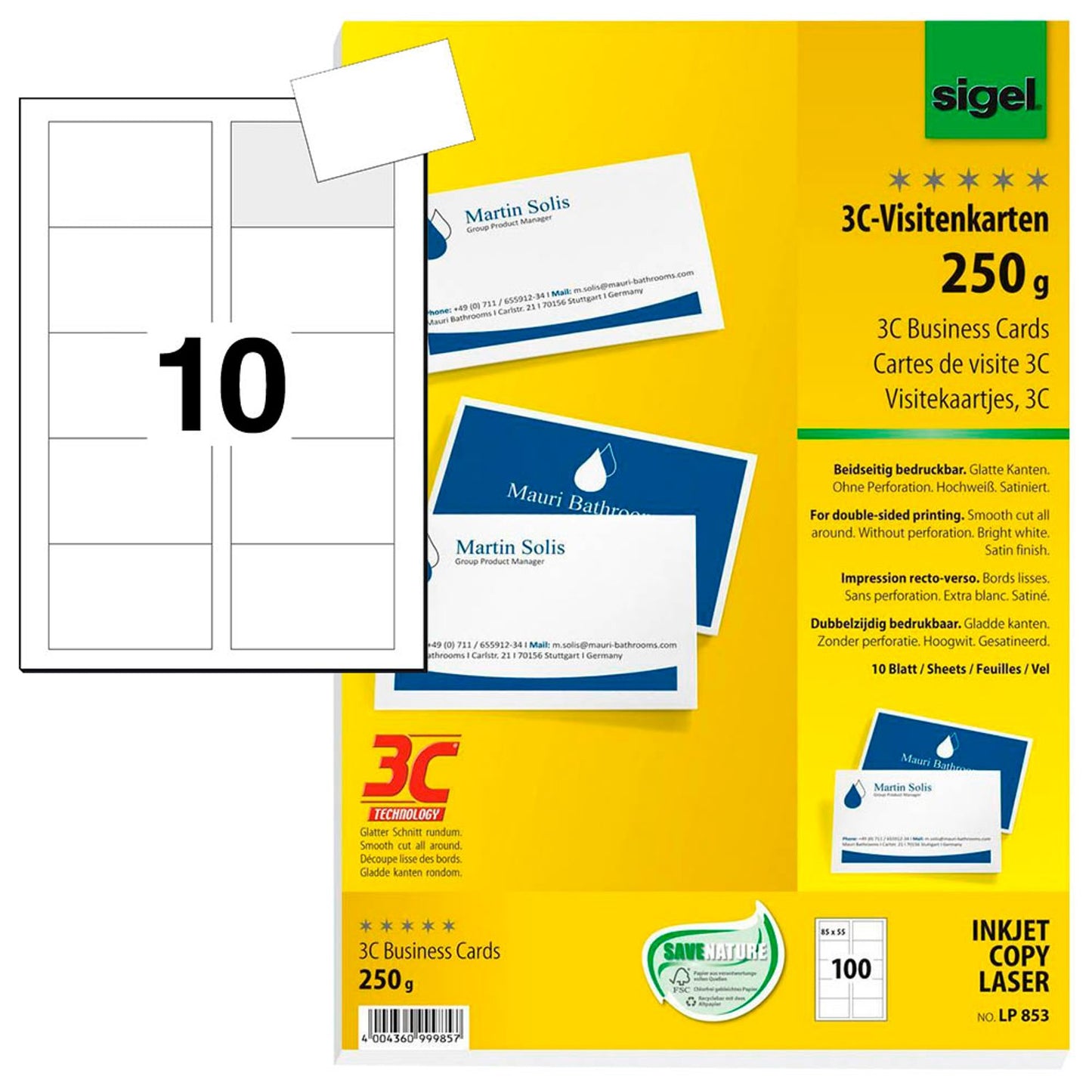 SIGEL Visitenkarten matt weiß 250 g/qm | LP853 | 1 Pack = 100 St.