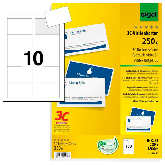 SIGEL Visitenkarten matt weiß 250 g/qm | LP853 | 1 Pack = 100 St.