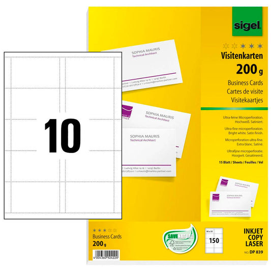 SIGEL Visitenkarten satiniert weiß 200 g/qm | DP839 | 1 Pack = 150 St.