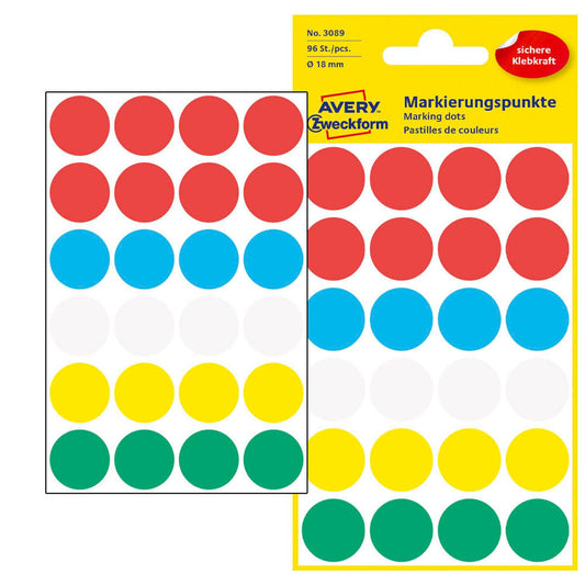 AVERY Zweckform Klebepunkte farbsortiert Ø 18,0 mm | 3089 | 1 Pack = 96 St.