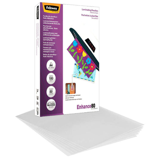 Fellowes Enhance80 Laminierfolien glänzend für A4 80 micron selbstklebender Rücken | 5302202 | 1 Pack = 100 St.