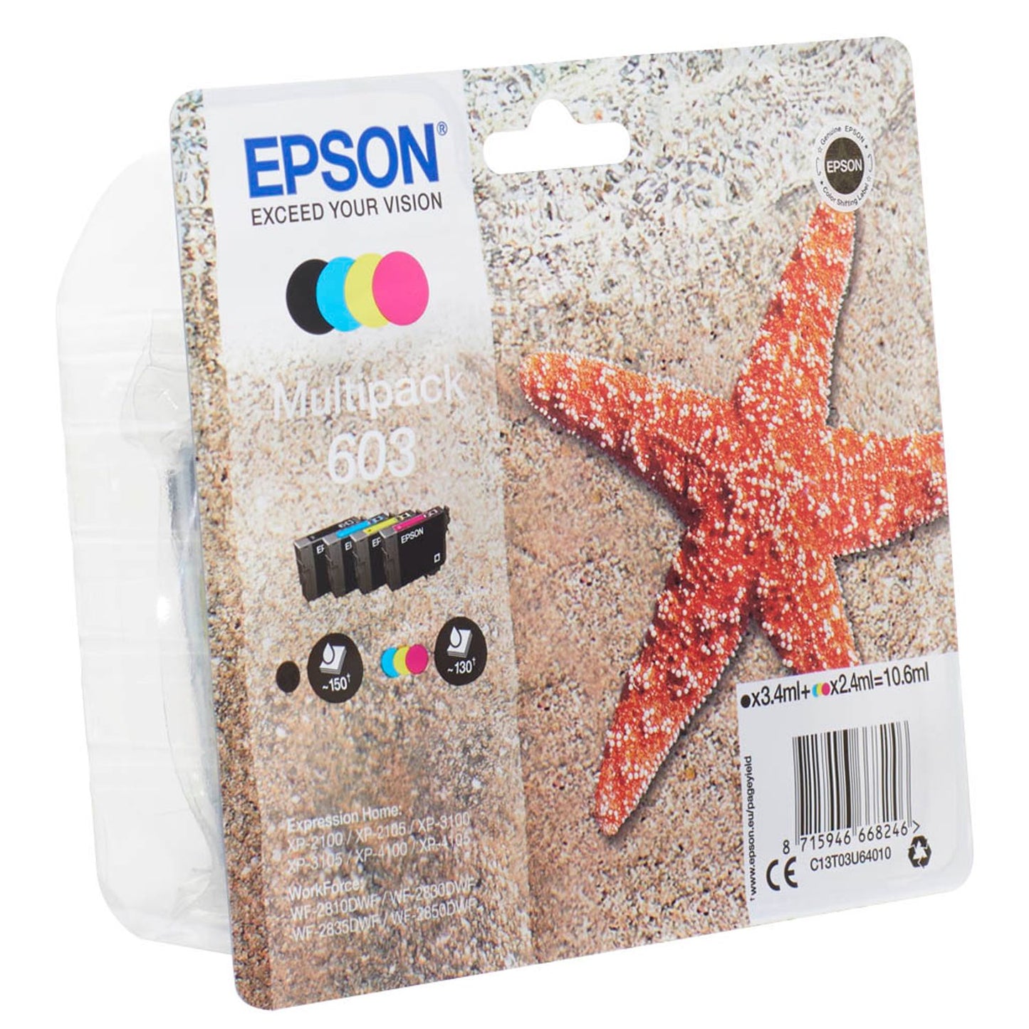 EPSON 603/T03U64 schwarz, cyan, magenta, gelb Druckerpatronen, 4er-Set | C13T03U64010 | 1 Pack = 4 St.