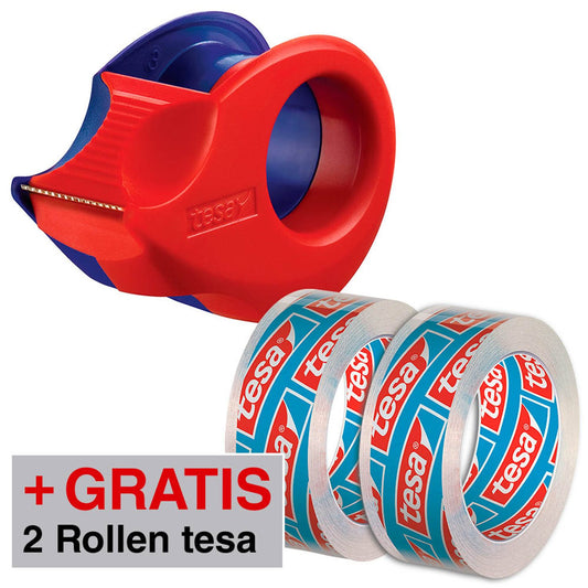 tesa AKTION: Klebefilmabroller Mini-Abroller rot/blau + GRATIS film Kristall-Klar, 10,0 m x 15,0 mm (LxB) | 57940-00000-02