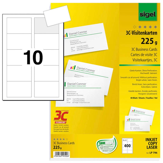 SIGEL Visitenkarten satiniert weiß 225 g/qm | LP796 | 1 Pack = 400 St.