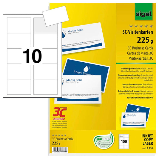 SIGEL Visitenkarten satiniert weiß 225 g/qm | LP850 | 1 Pack = 100 St.