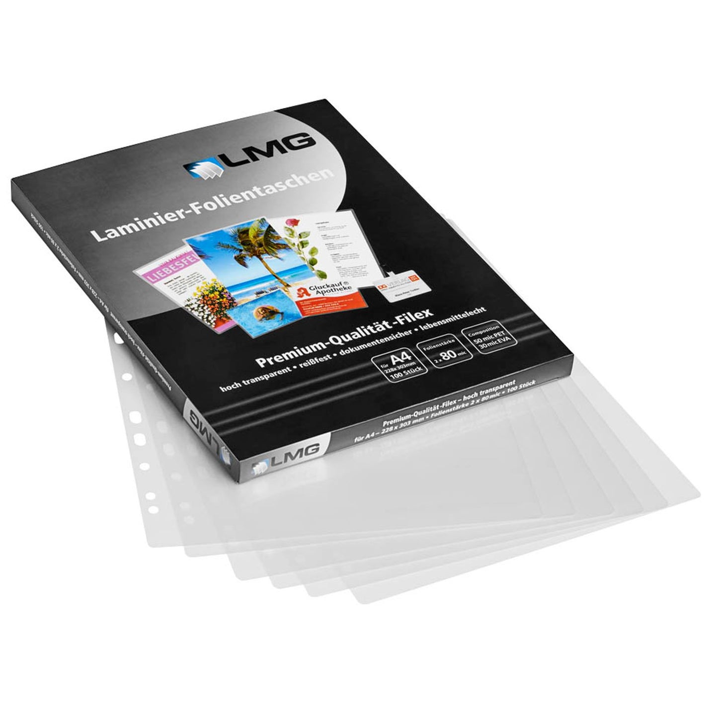 LMG Laminierfolien matt für A4 80 micron Universal-Lochung | LMGA4-80LM-25 | 1 Pack = 25 St.