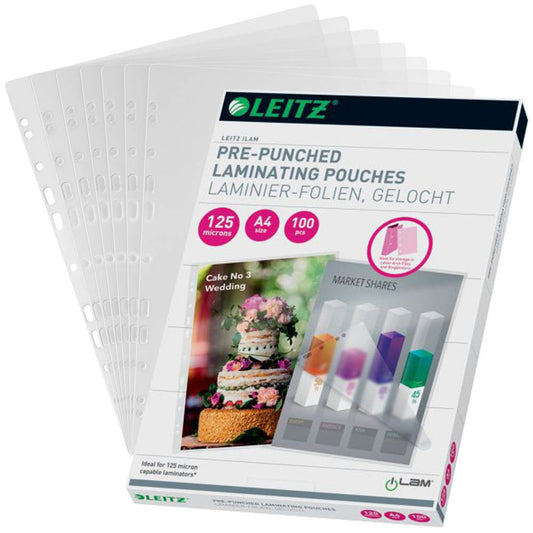 LEITZ Laminierfolien glänzend für A4 125 micron Universal-Lochung | 33878 | 1 Pack = 100 St.