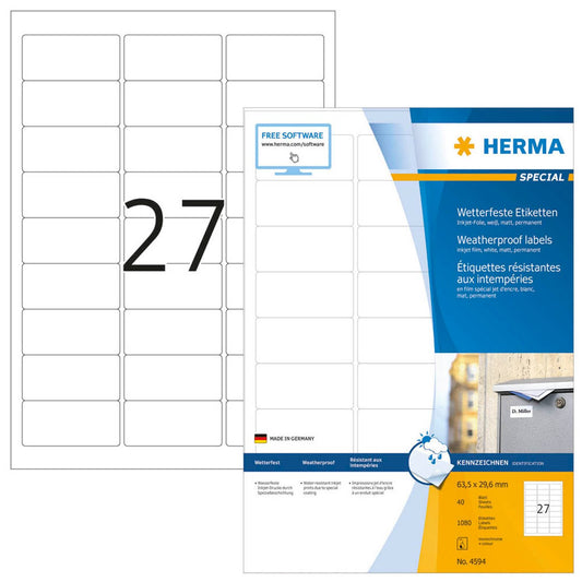 HERMA wetterfeste Folienetiketten weiß 63,5 x 29,6 mm | 4594 | 1 Pack = 40 Blatt