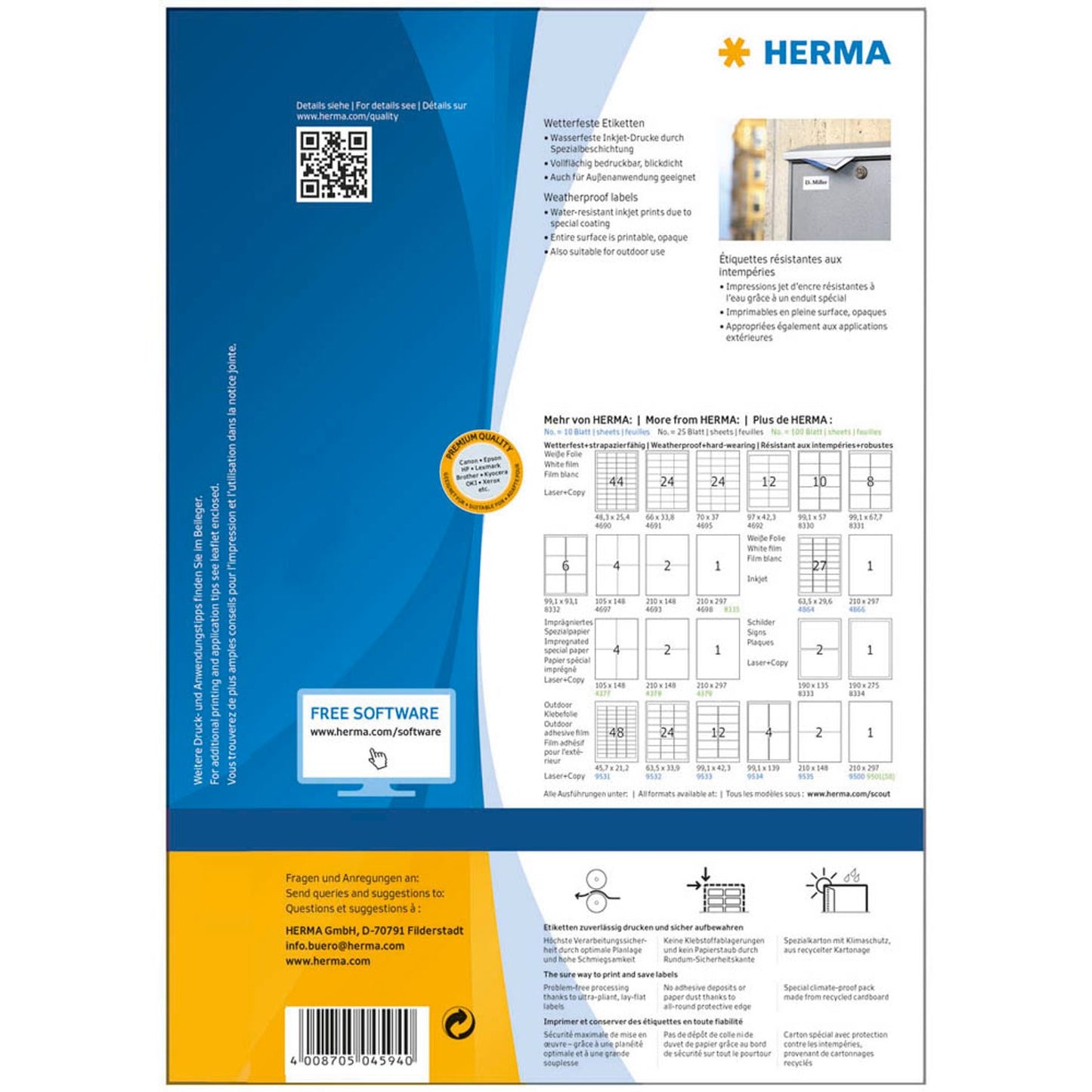 HERMA wetterfeste Folienetiketten weiß 63,5 x 29,6 mm | 4594 | 1 Pack = 40 Blatt