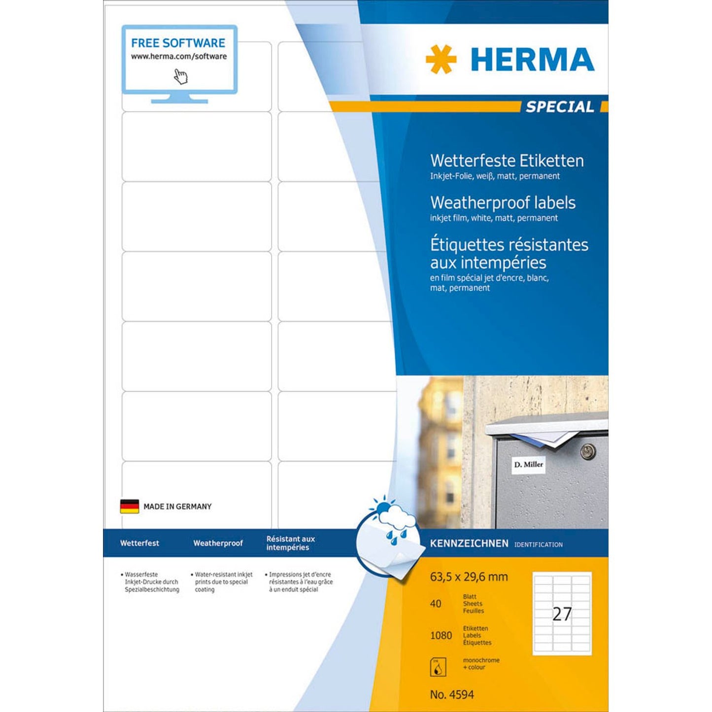 HERMA wetterfeste Folienetiketten weiß 63,5 x 29,6 mm | 4594 | 1 Pack = 40 Blatt