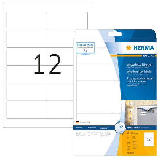 HERMA wetterfeste Folienetiketten weiß 97,0 x 42,3 mm | 4595 | 1 Pack = 10 Blatt