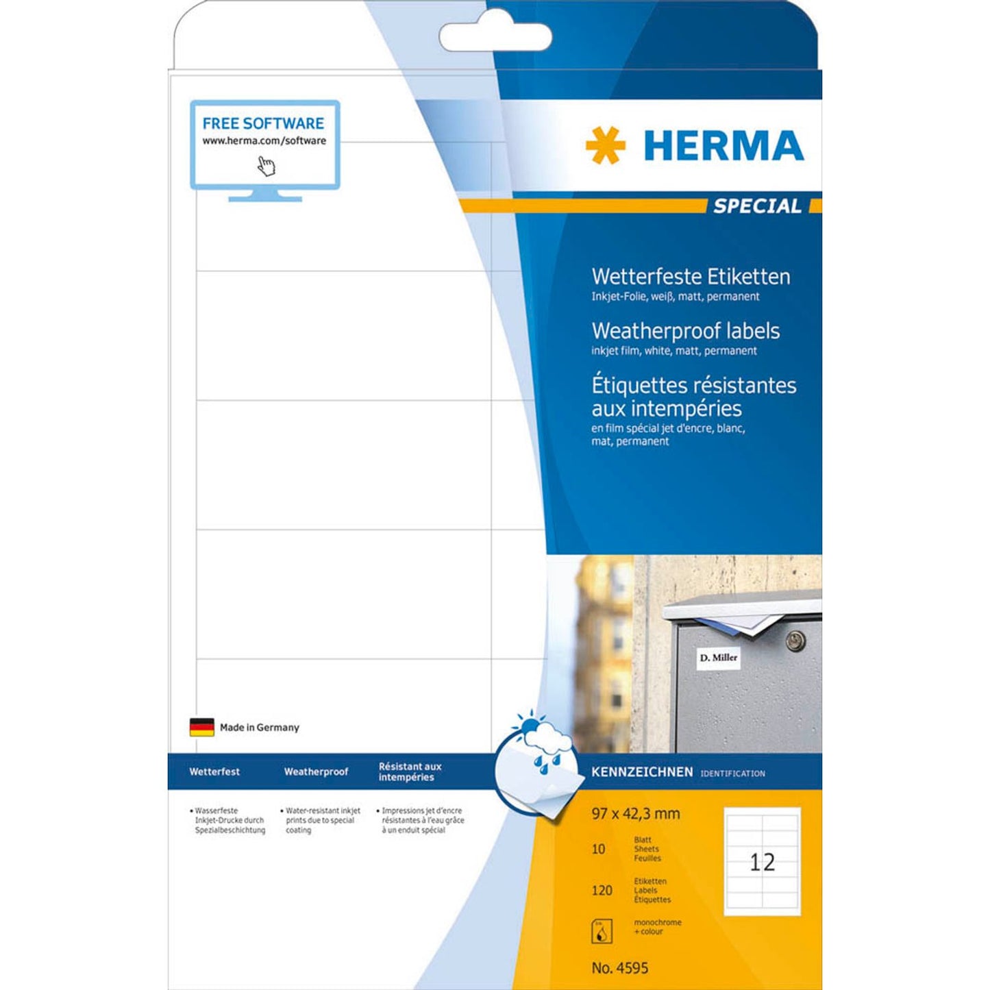 HERMA wetterfeste Folienetiketten weiß 97,0 x 42,3 mm | 4595 | 1 Pack = 10 Blatt