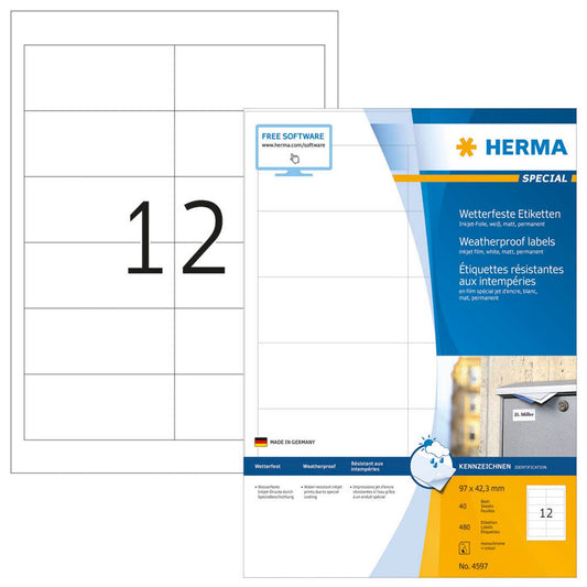 HERMA wetterfeste Folienetiketten weiß 97,0 x 42,3 mm | 4597 | 1 Pack = 40 Blatt