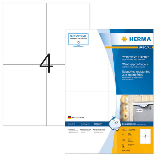 HERMA wetterfeste Folienetiketten weiß 105,0 x 148,0 mm | 4599 | 1 Pack = 40 Blatt
