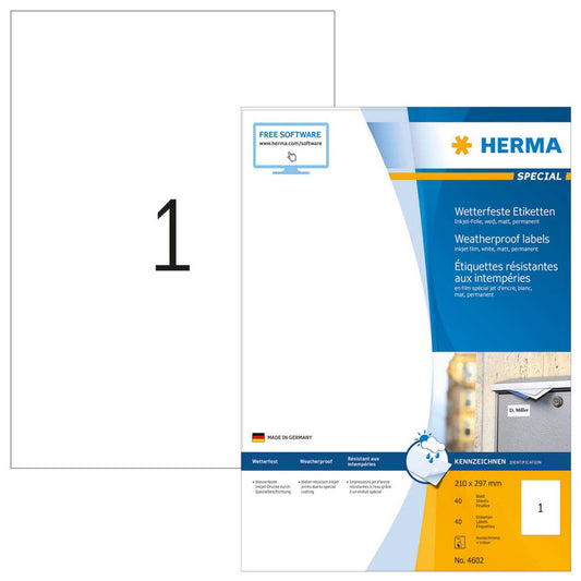 HERMA wetterfeste Folienetiketten weiß 210,0 x 297,0 mm | 4602 | 1 Pack = 40 Blatt