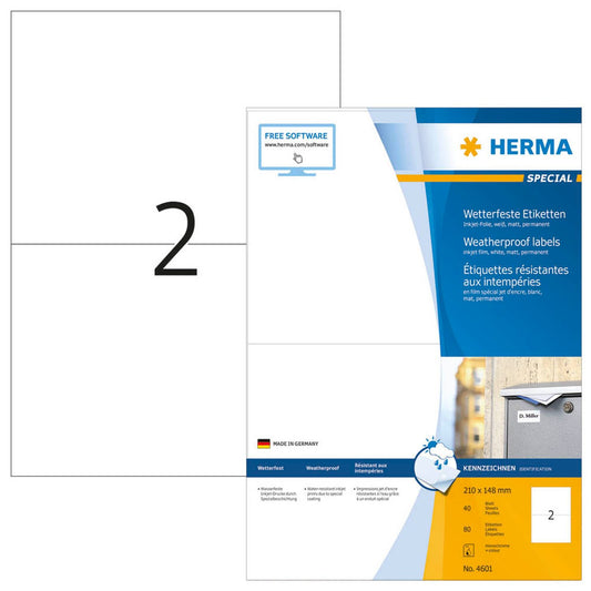 HERMA wetterfeste Folienetiketten weiß 210,0 x 148,0 mm | 4601 | 1 Pack = 40 Blatt