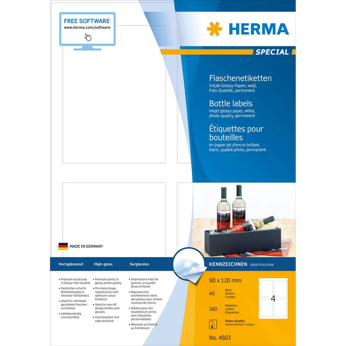 HERMA Flaschenetiketten weiß 90,0 x 120,0 mm | 4603 | 1 Pack = 40 Blatt