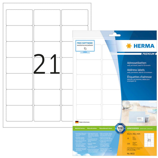 HERMA Adressetiketten weiß 63,5 x 38,1 mm | 8632 | 1 Pack = 10 Blatt