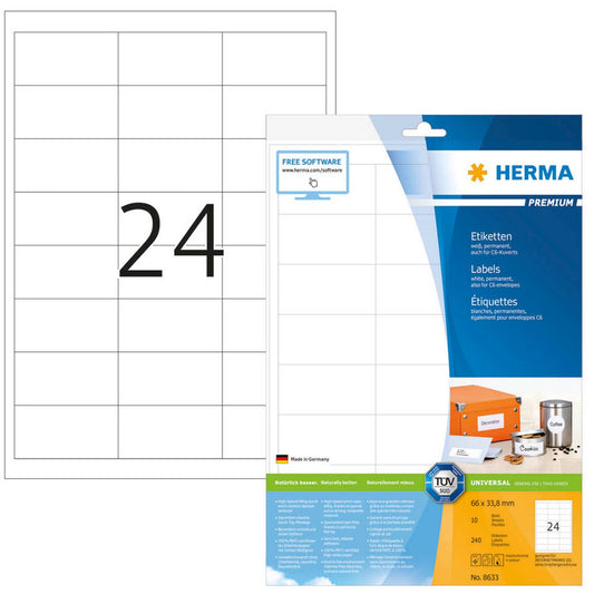 HERMA Etiketten weiß 66,0 x 33,8 mm | 8633 | 1 Pack = 10 Blatt