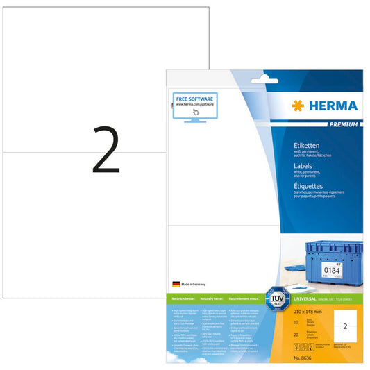 HERMA Etiketten weiß 210,0 x 148,0 mm | 8636 | 1 Pack = 10 Blatt