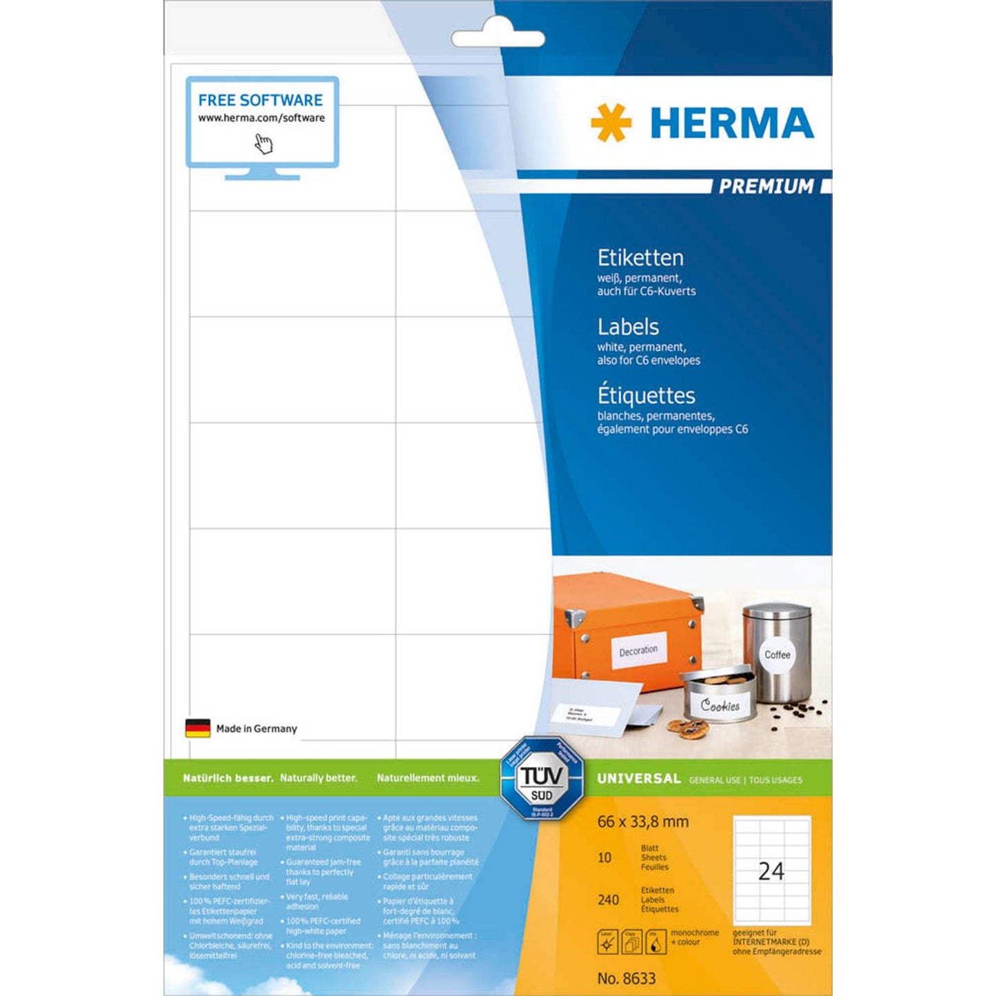 HERMA Etiketten weiß 66,0 x 33,8 mm | 8633 | 1 Pack = 10 Blatt