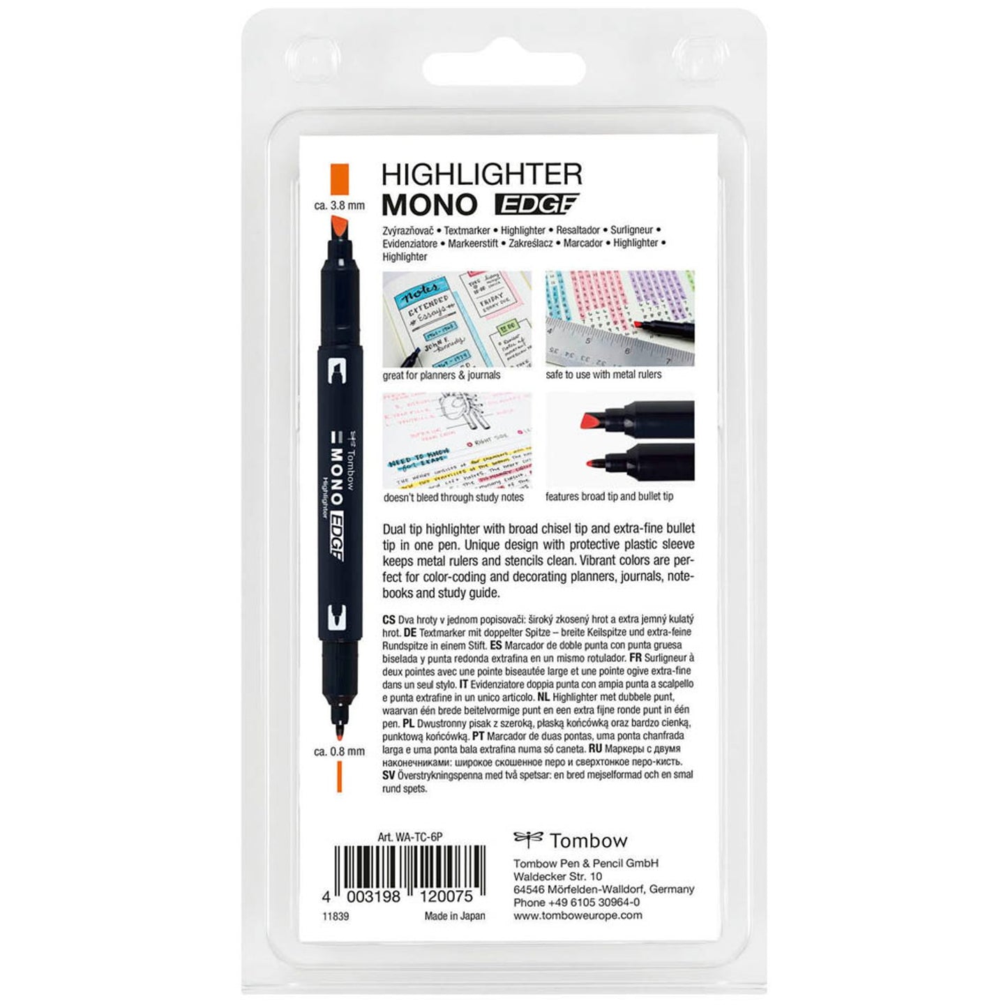 Tombow MONO edge Textmarker farbsortiert | WA-TC-6P | 1 Pack = 6 St.
