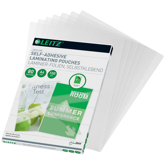 LEITZ Laminierfolien glänzend für A4 80 micron selbstklebender Rücken | 33872 | 1 Pack = 100 St.