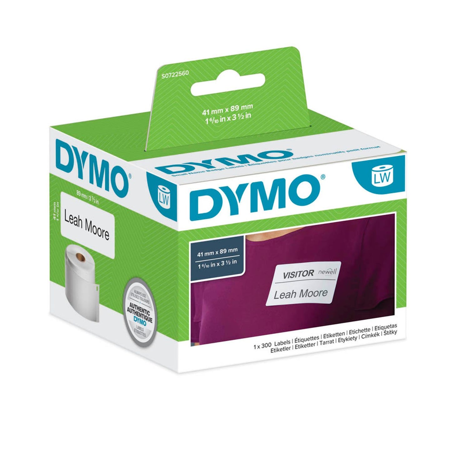 DYMO Etikettenrolle für Etikettendrucker weiß, 41,0 x 89,0 mm, 1 x 300 Etiketten | S0722560 | 1 Pack = 300 Etiketten