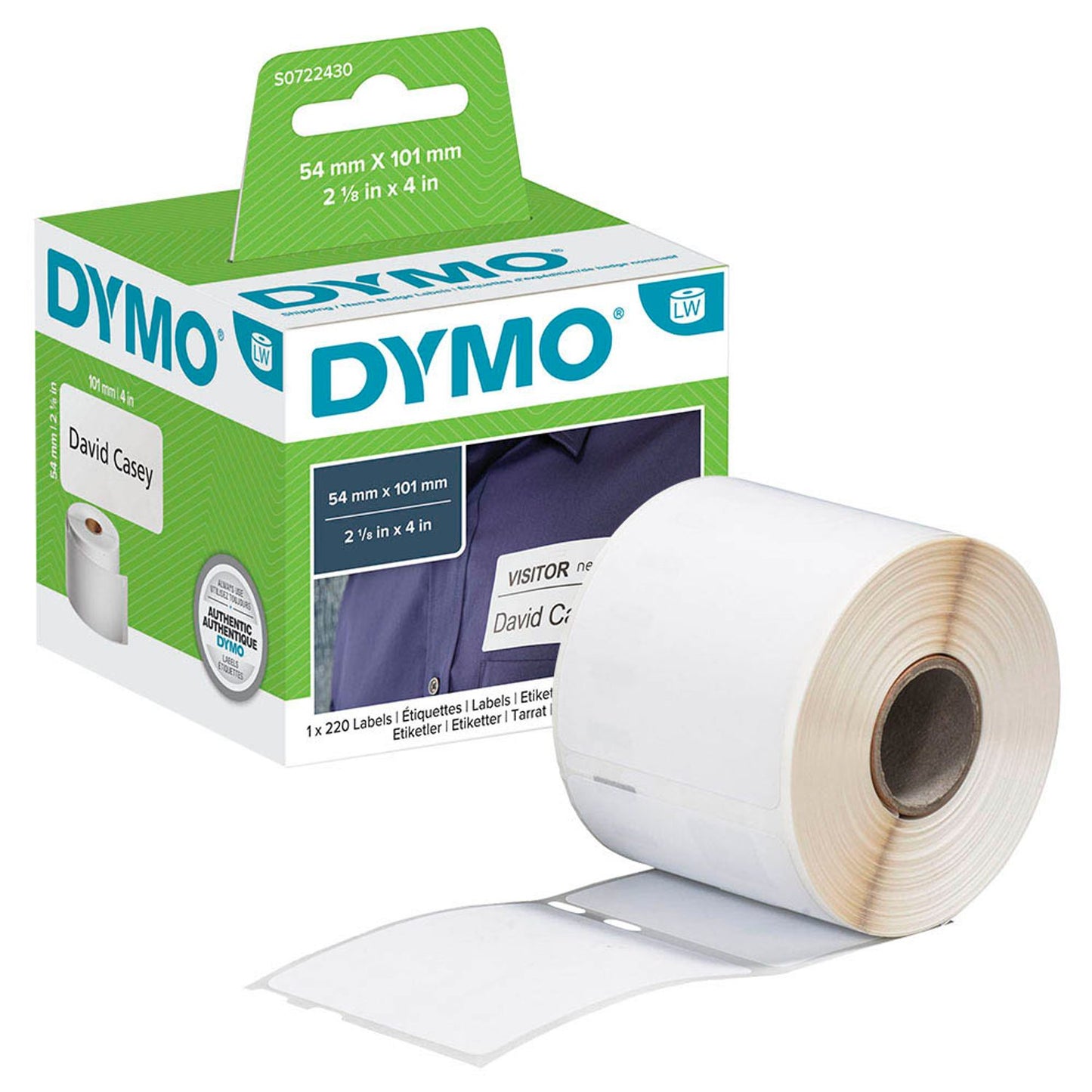 DYMO Etikettenrolle für Etikettendrucker weiß, 54,0 x 101,0 mm, 1 x 220 Etiketten | S0722430 | 1 Pack = 220 Etiketten
