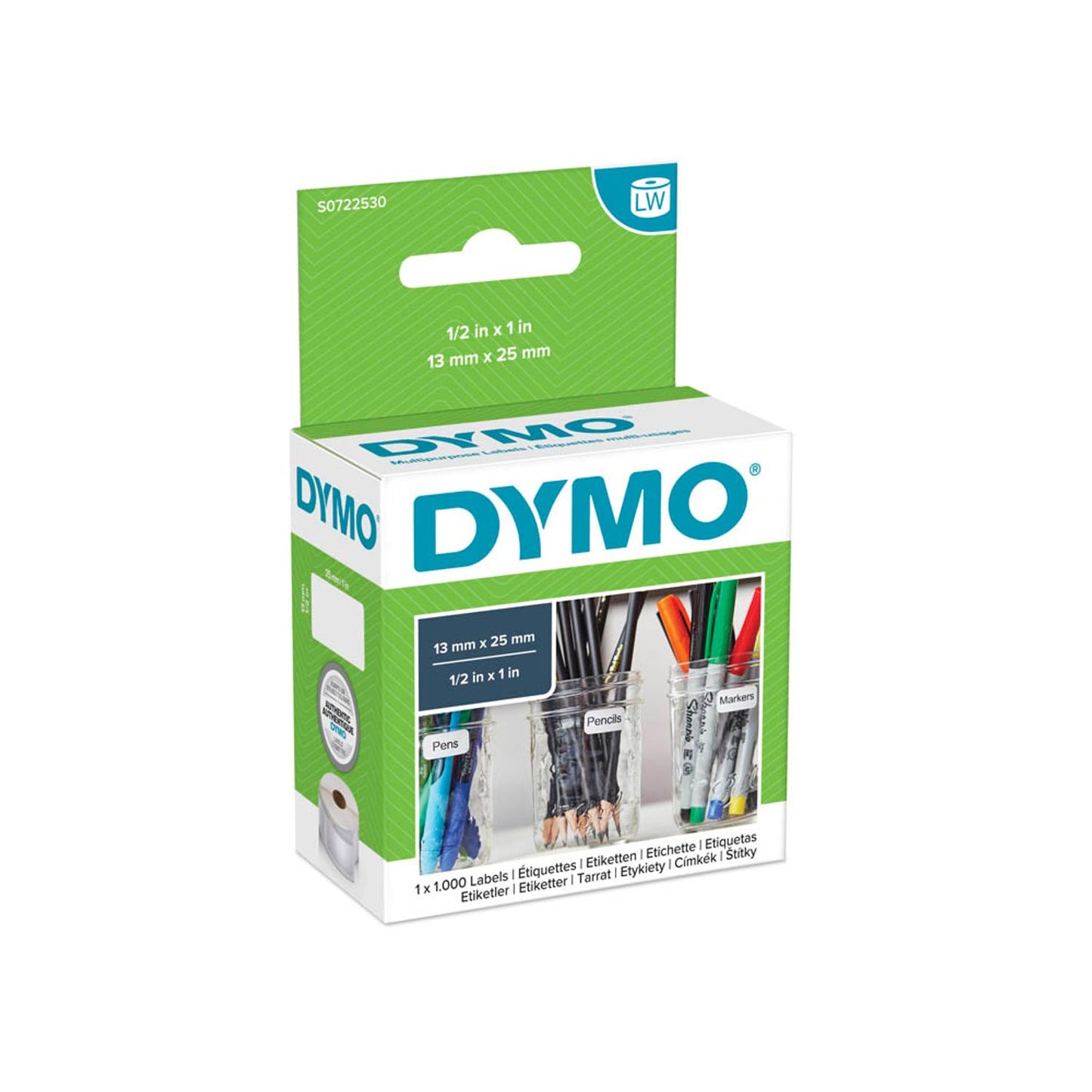 DYMO Etikettenrolle für Etikettendrucker weiß, 13,0 x 25,0 mm, 1 x 1.000 Etiketten | S0722530 | 1 Pack = 1.000 Etiketten