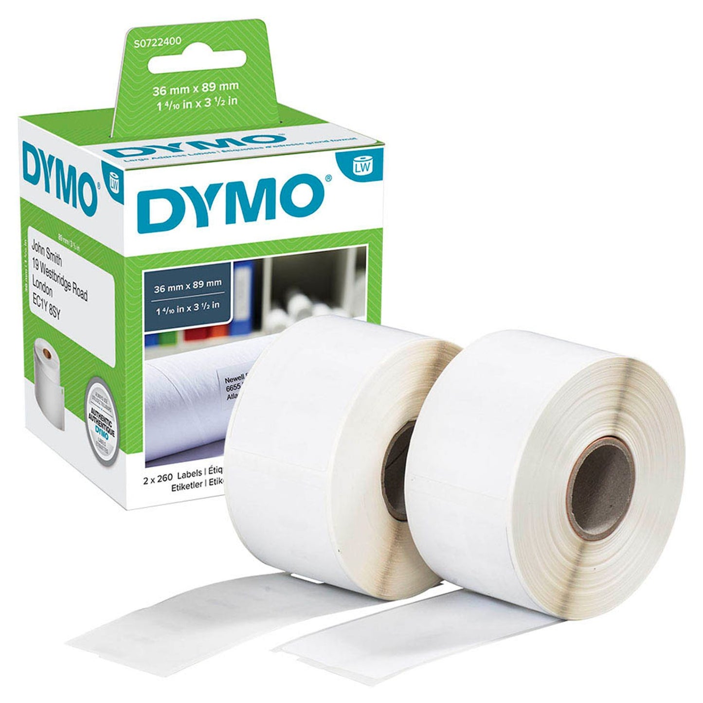 DYMO Etikettenrollen für Etikettendrucker weiß, 89,0 x 36,0 mm, 2 x 260 Etiketten | S0722400 | 1 Pack = 2x 260 Etiketten