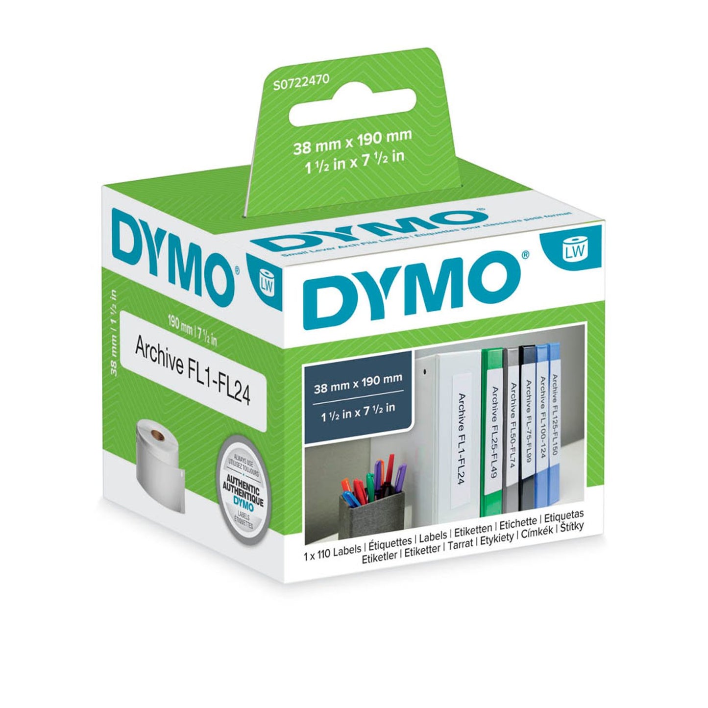 DYMO Etikettenrolle für Etikettendrucker weiß, 38,0 x 190,0 mm, 1 x 110 Etiketten | S0722470 | 1 Pack = 110 Etiketten